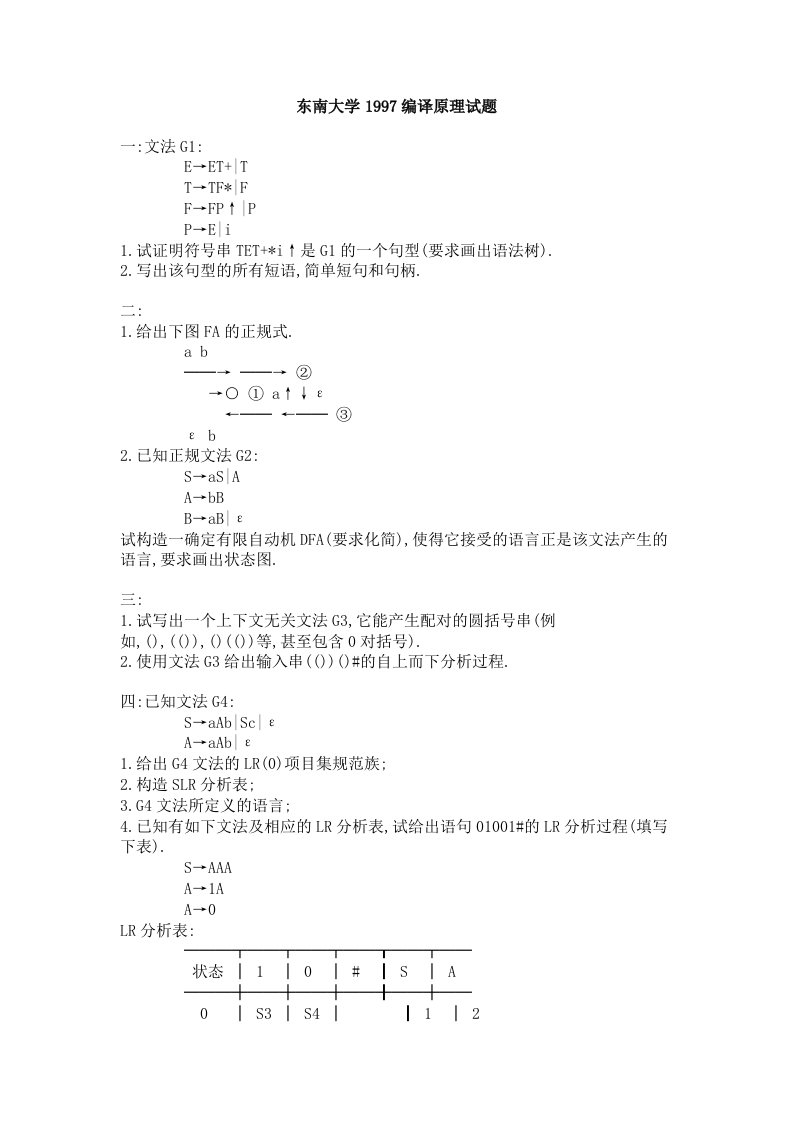 东南大学1997编译原理试题