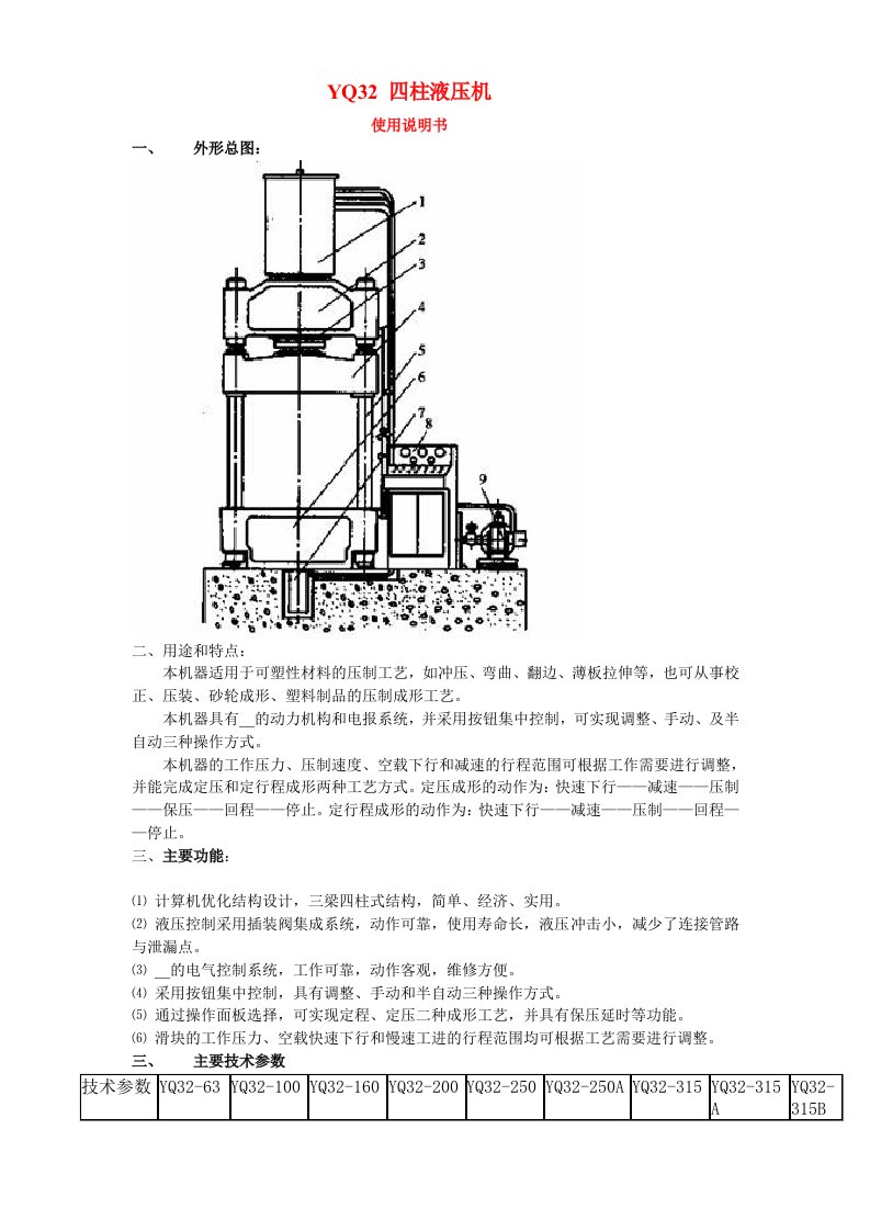 四柱液压机使用说明书