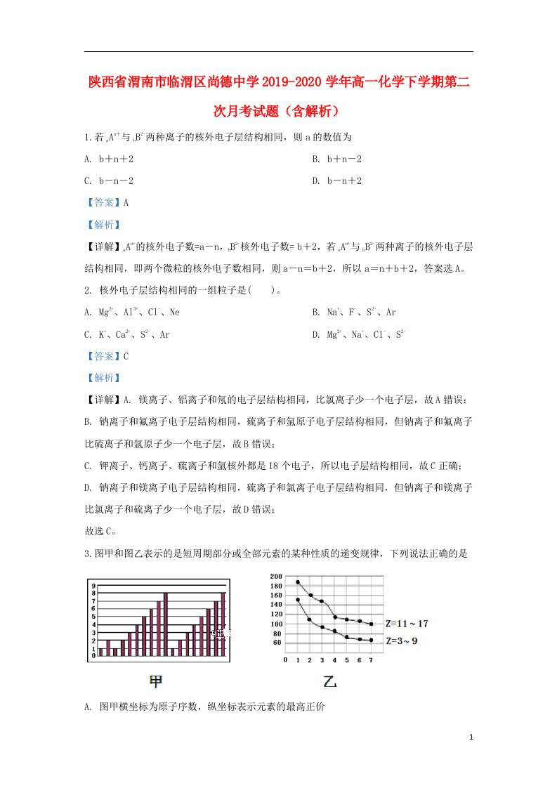 陕西省渭南市临渭区尚德中学2019_2020学年高一化学下学期第二次月考试题含解析