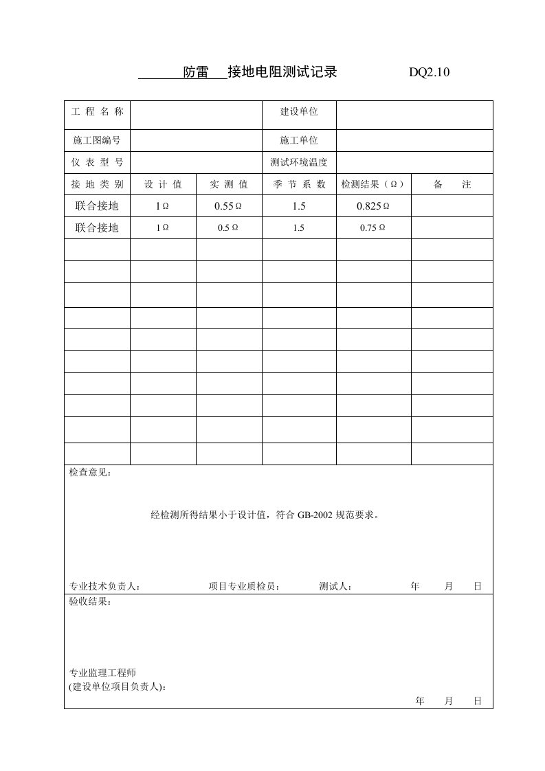 工程资料-DQ210接地电阻测试记录