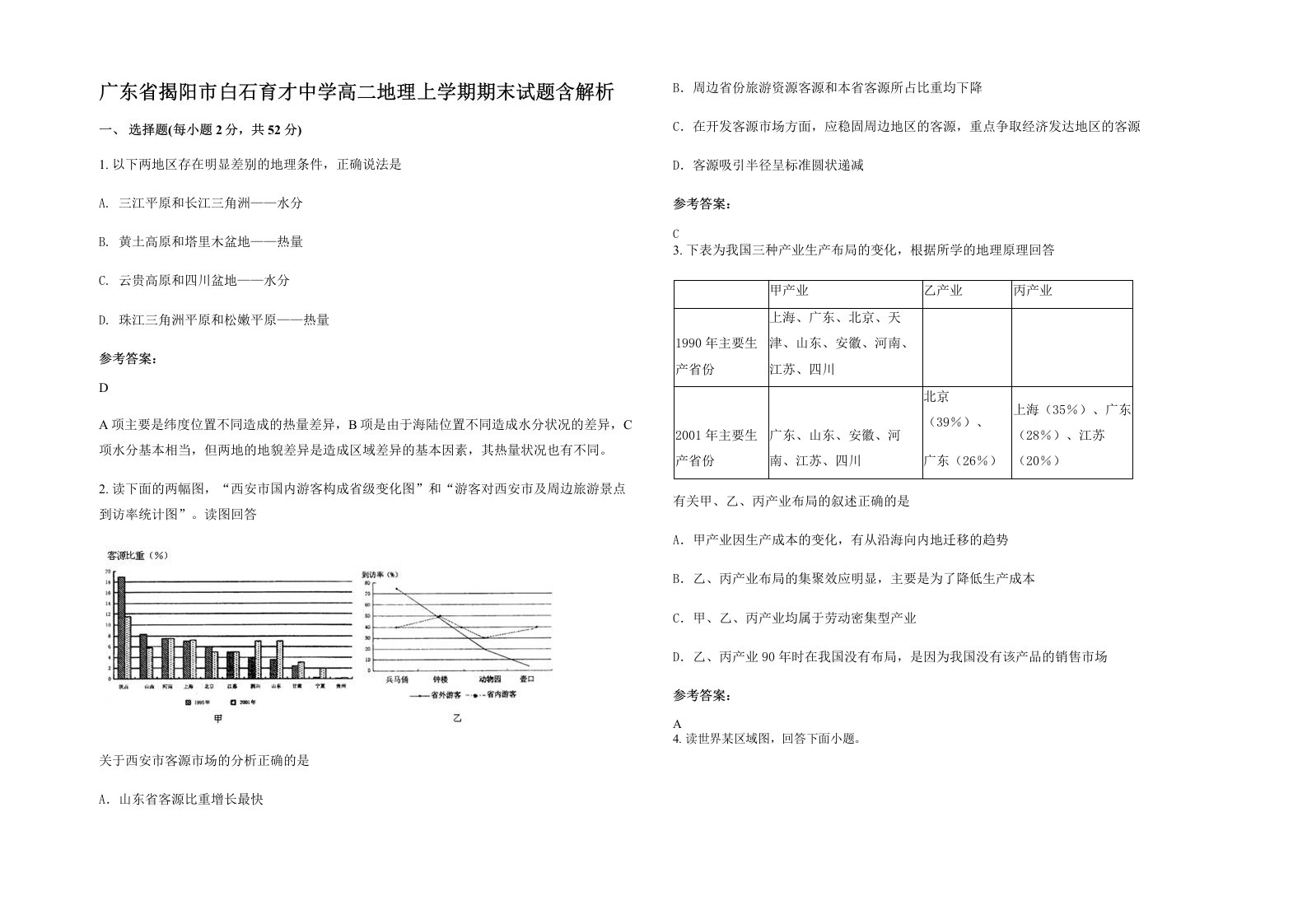 广东省揭阳市白石育才中学高二地理上学期期末试题含解析