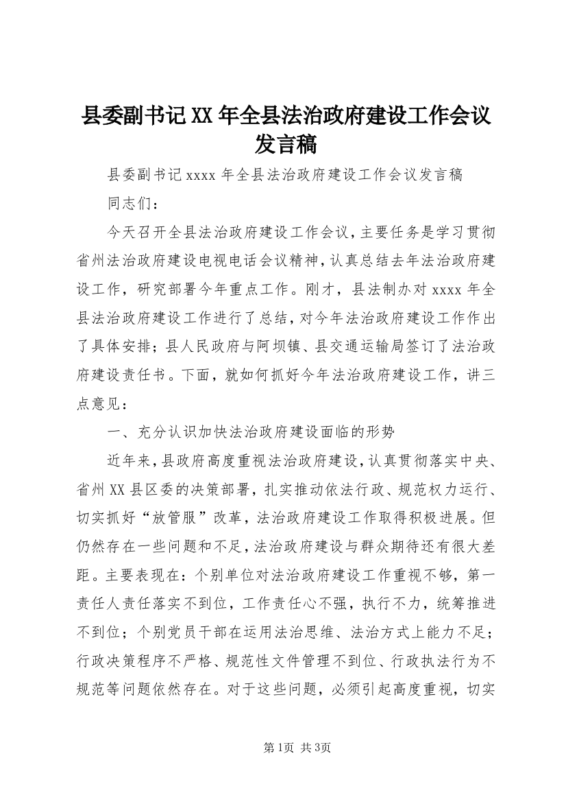 县委副书记XX年全县法治政府建设工作会议发言稿