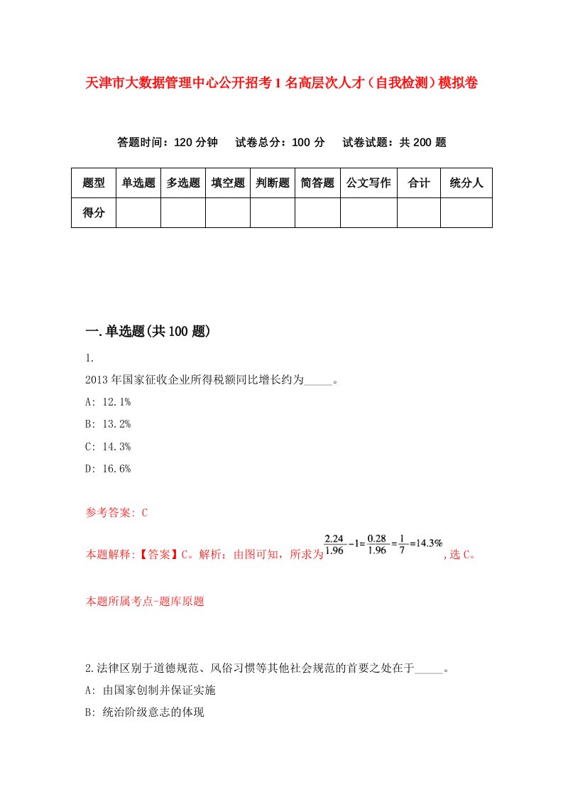 天津市大数据管理中心公开招考1名高层次人才自我检测模拟卷第1套