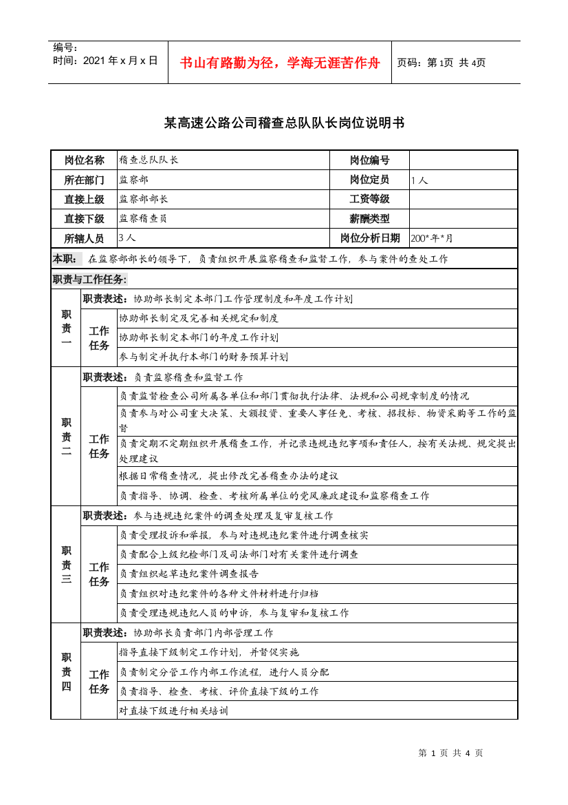 某高速公路公司稽查总队队长岗位说明书.