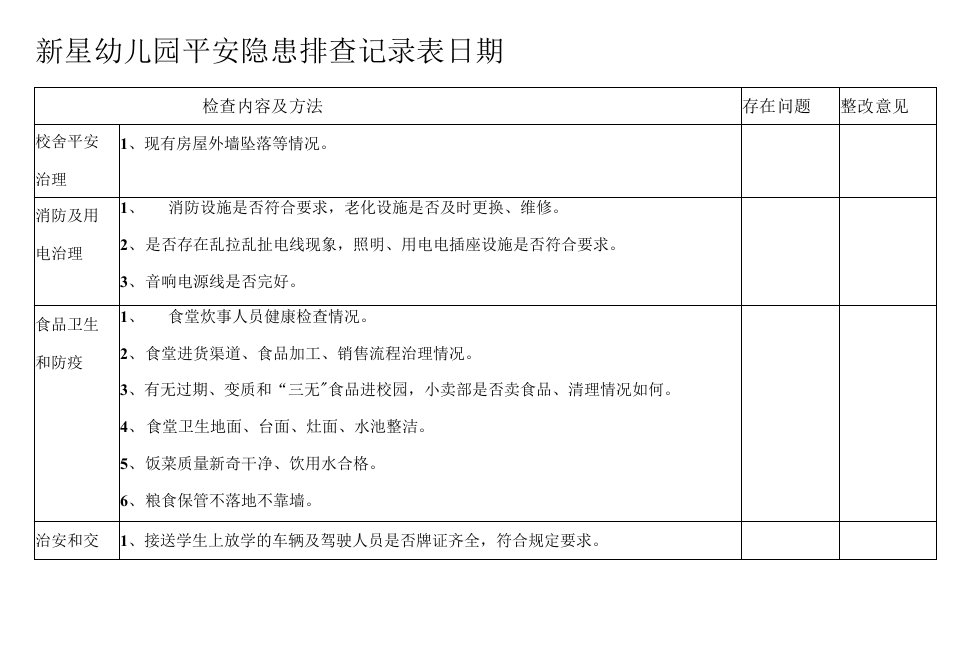 新星幼儿园安全隐患排查记录表