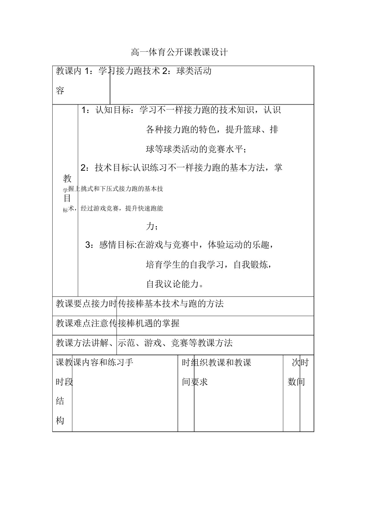 高一体育接力跑技术公开课教案