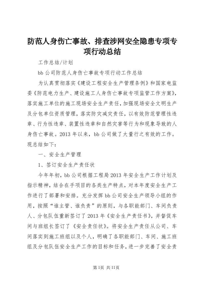 防范人身伤亡事故、排查涉网安全隐患专项专项行动总结