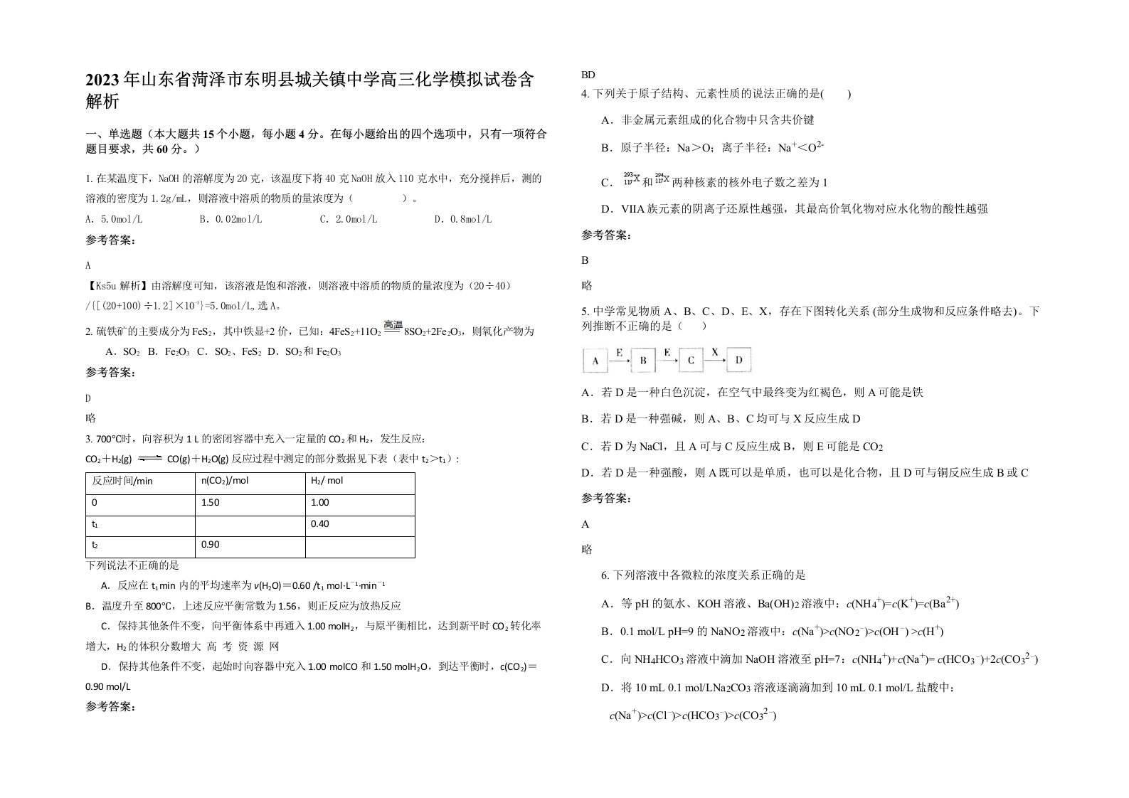 2023年山东省菏泽市东明县城关镇中学高三化学模拟试卷含解析