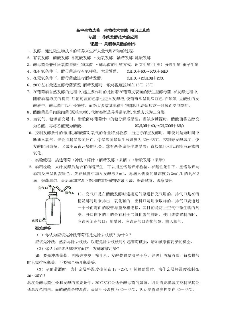 高中生物选修一知识点总结