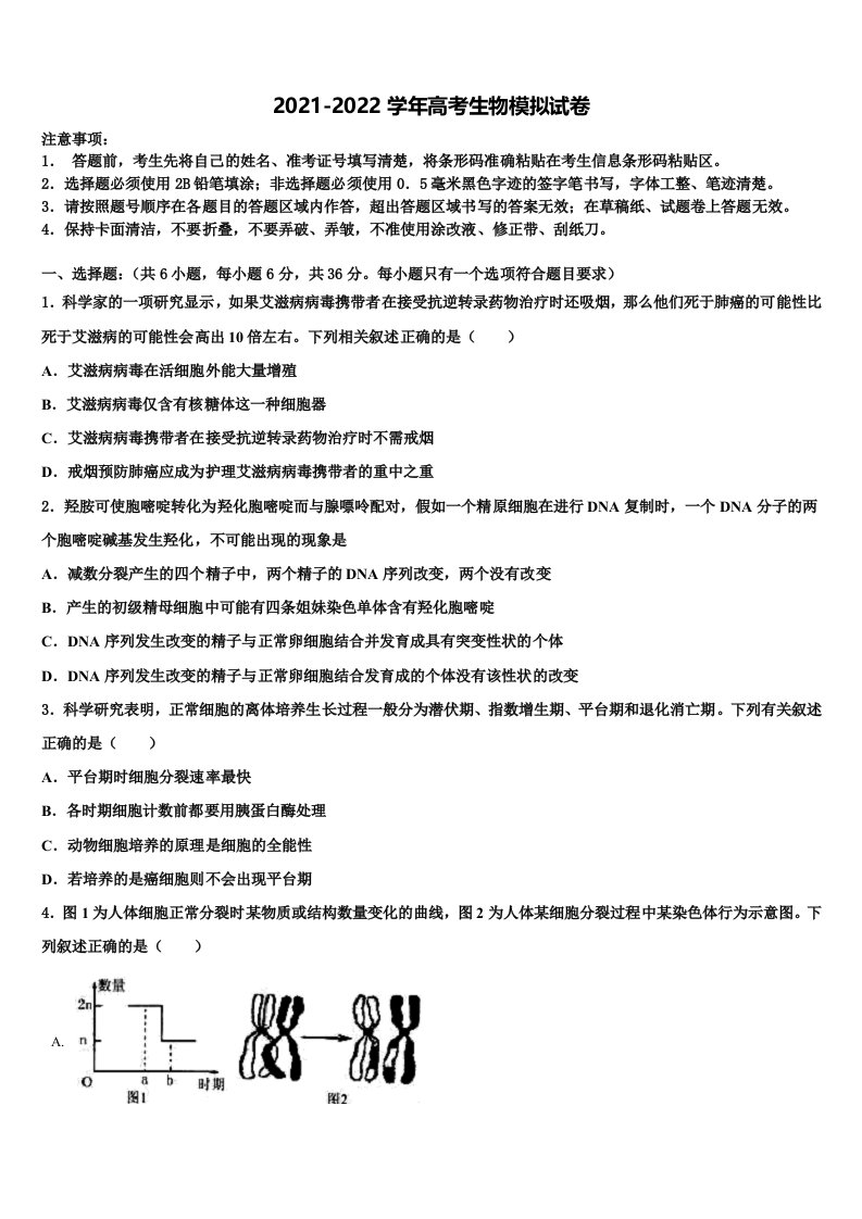 广西钦州市浦北县浦北中学2021-2022学年高三下学期第一次联考生物试卷含解析