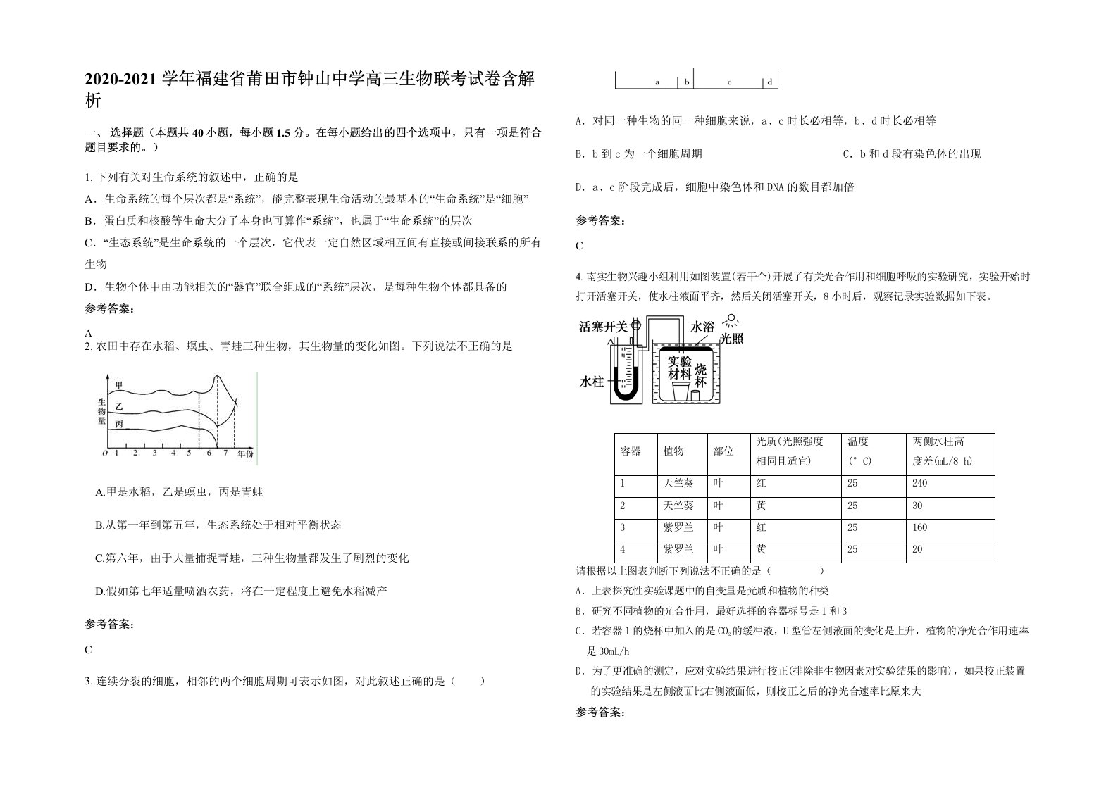 2020-2021学年福建省莆田市钟山中学高三生物联考试卷含解析