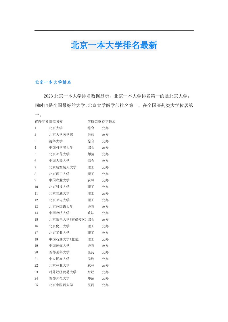 北京一本大学排名最新