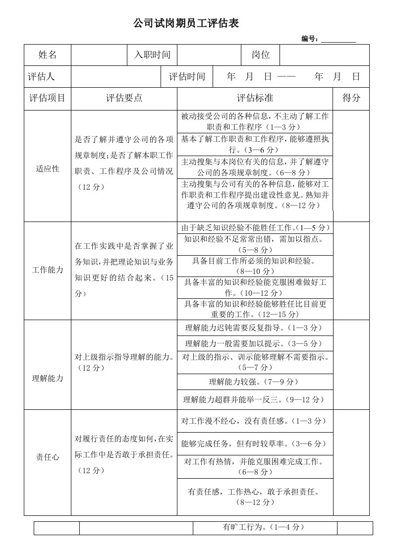 员工级试岗期评估表实用文档