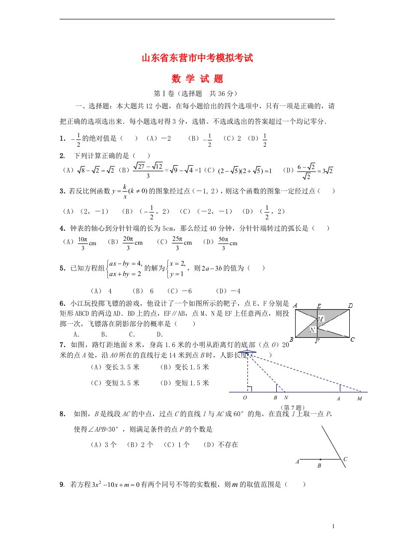 山东省东营市中考数学模拟考试试题