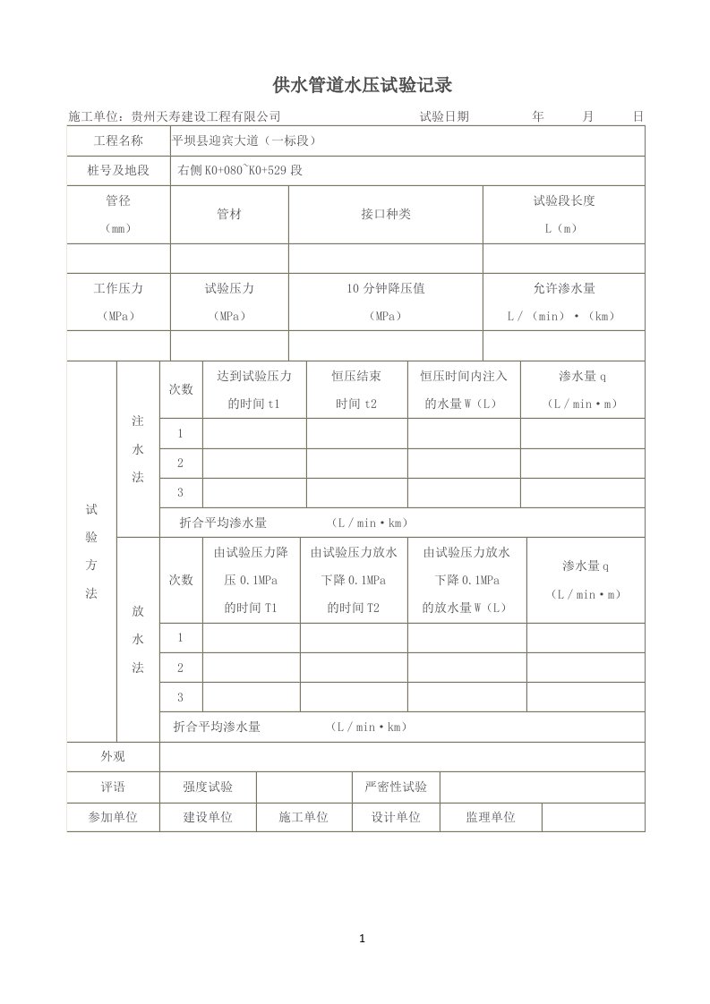 供水管道水压试验记录