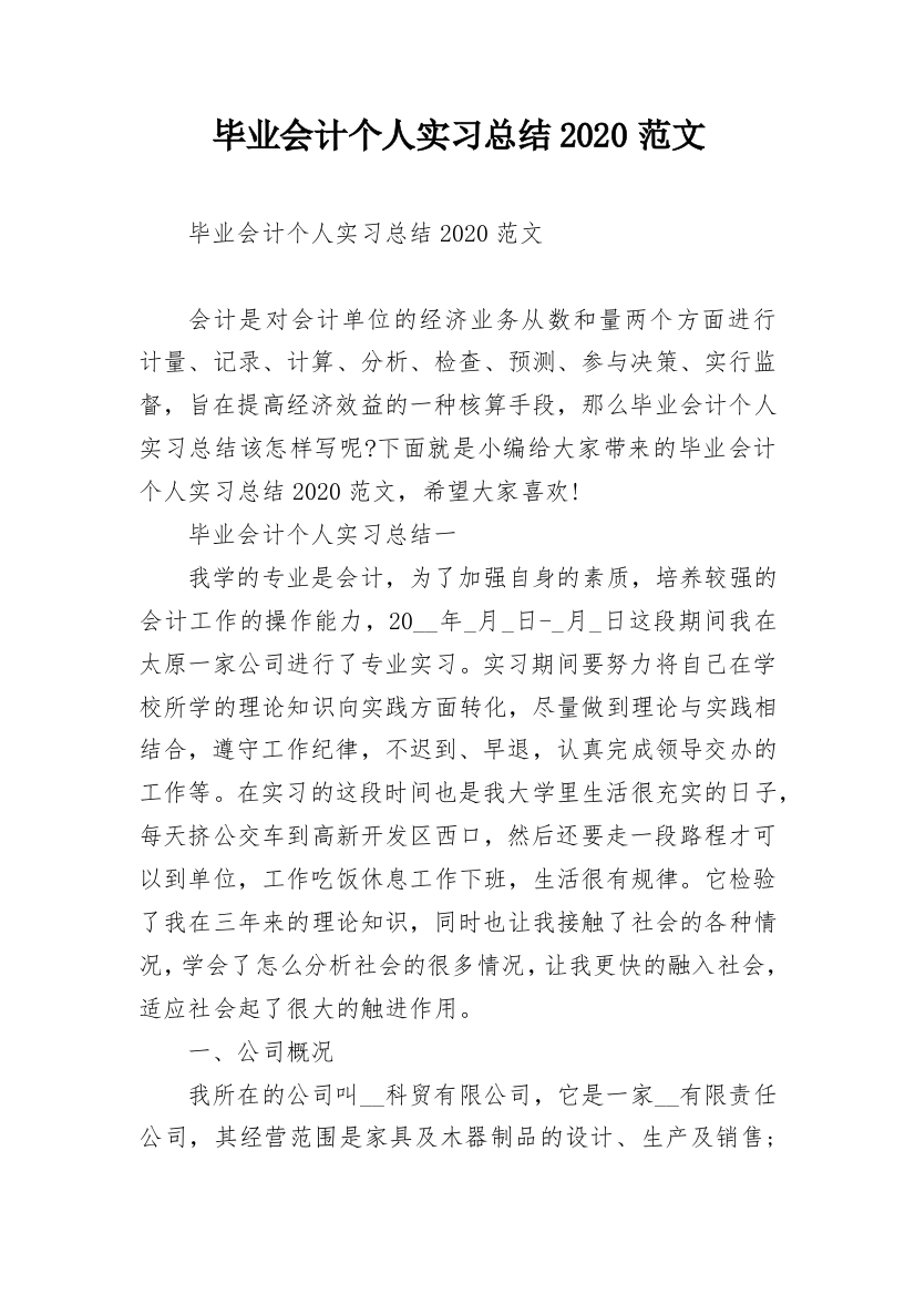 毕业会计个人实习总结2020范文