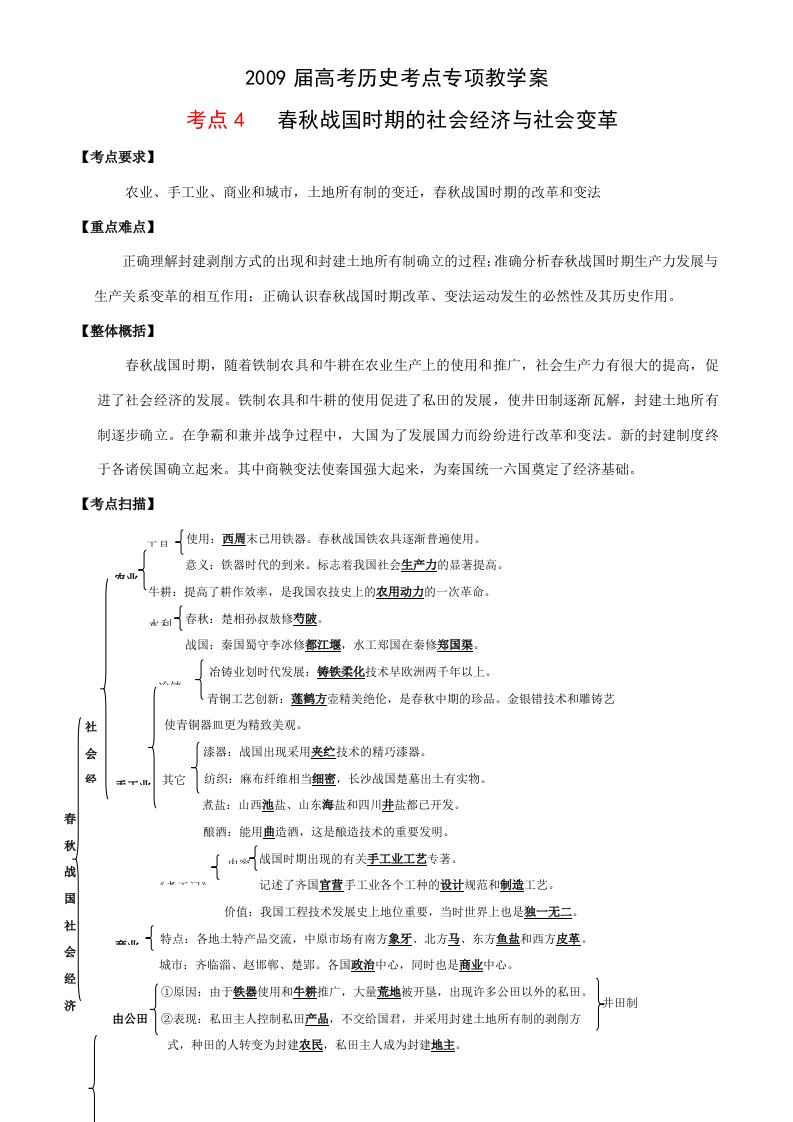 高考历史考点专项教学案：考点4春秋战国时期的社会经济与社会变革