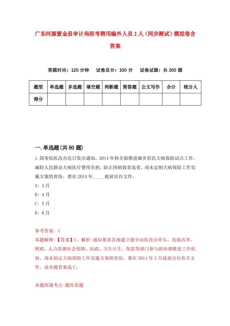 广东河源紫金县审计局招考聘用编外人员2人同步测试模拟卷含答案8