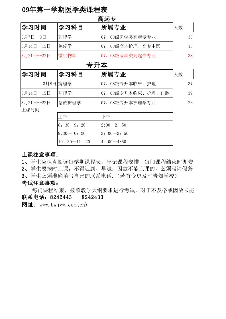 医学类课程表