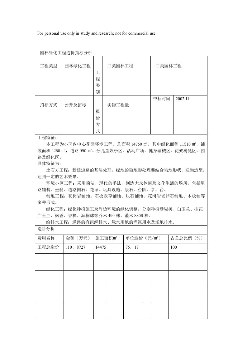 园林绿化工程造价指标分析