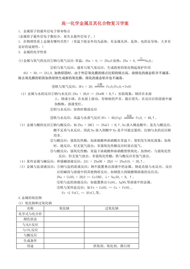 高一化学金属及其化合物复习学案