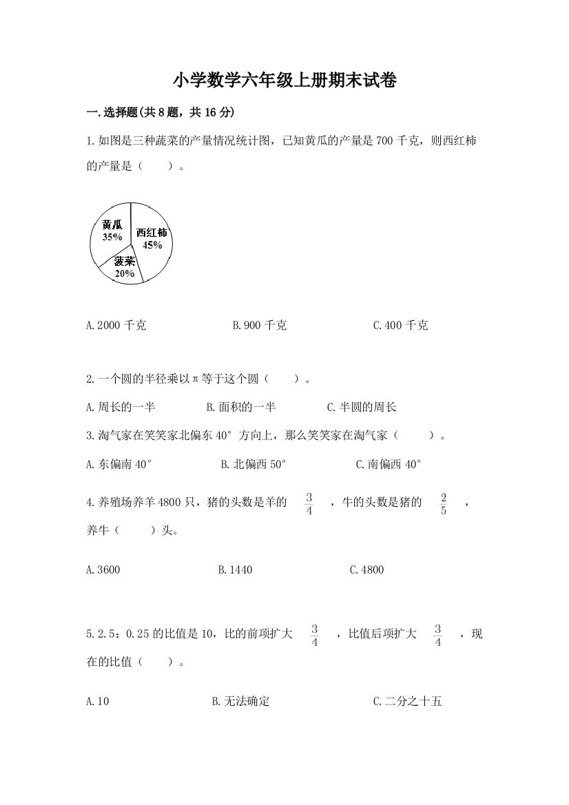 小学数学六年级上册期末试卷带答案(预热题)