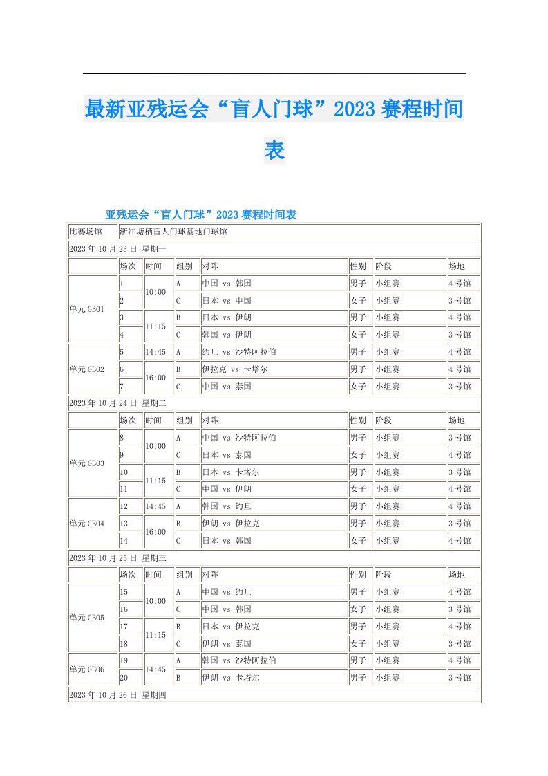 最新亚残运会“盲人门球”赛程时间表