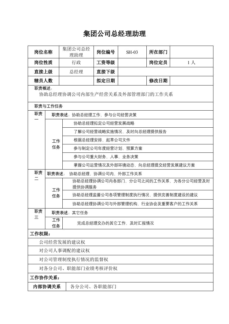 某汽车集团总经理助理岗位说明书