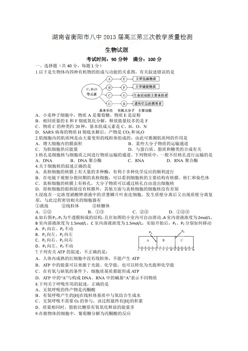 湖南省衡阳八中2013届高三第三次教育质量检测生物