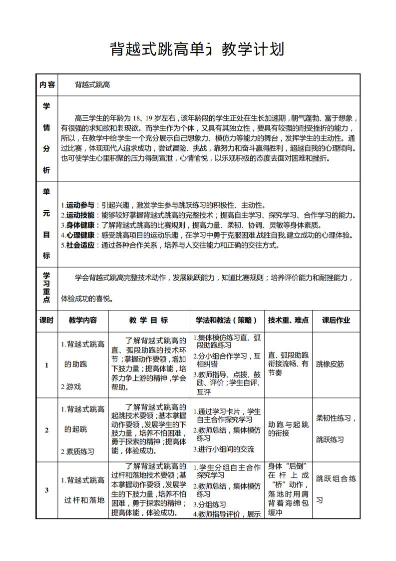 高三背越式跳高单元教学计划和教案