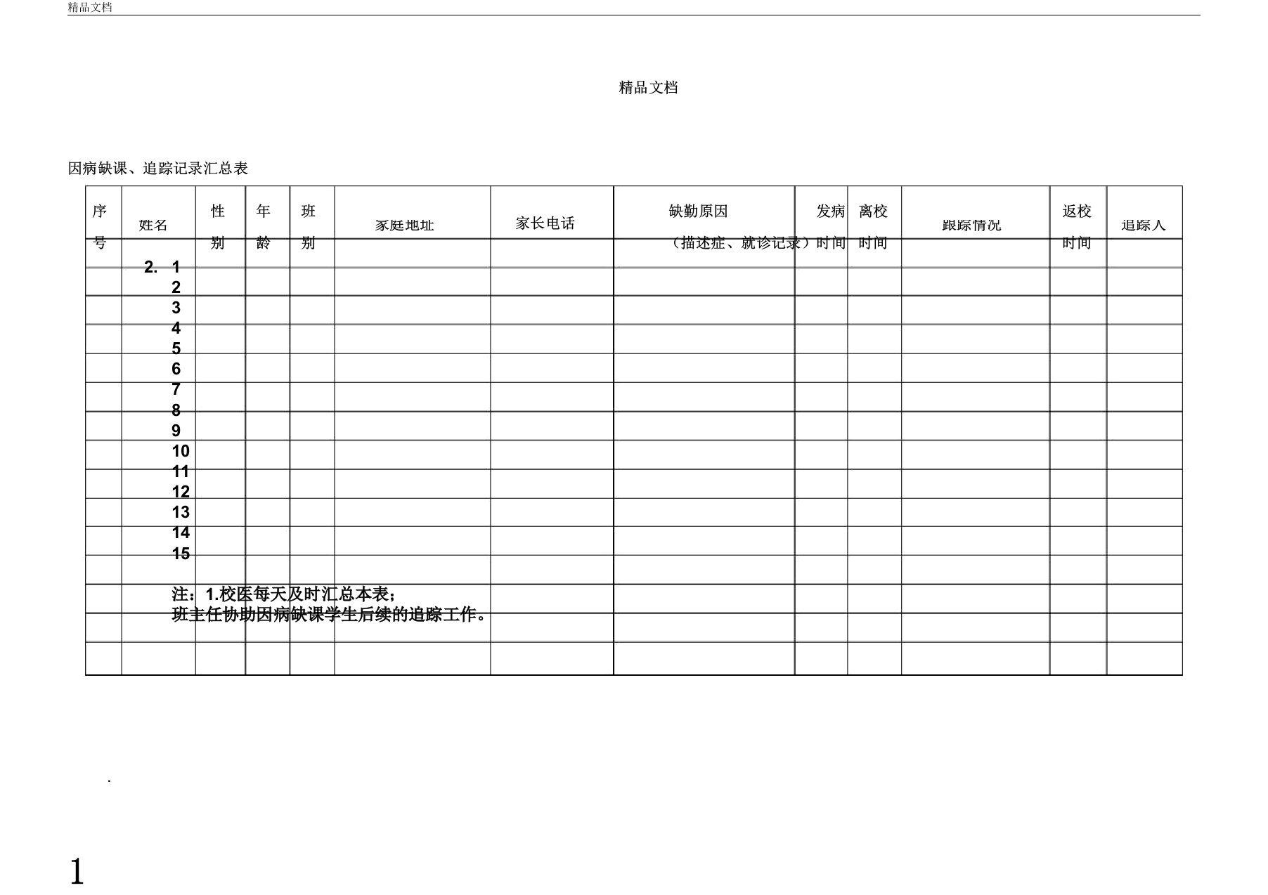 学校因病缺课病因追踪登记表实用