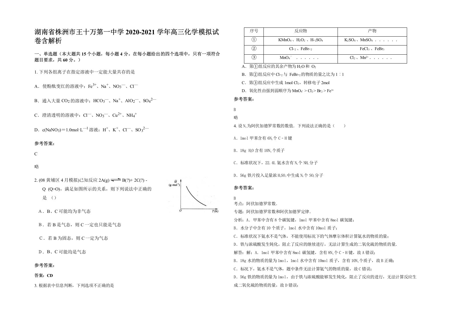 湖南省株洲市王十万第一中学2020-2021学年高三化学模拟试卷含解析