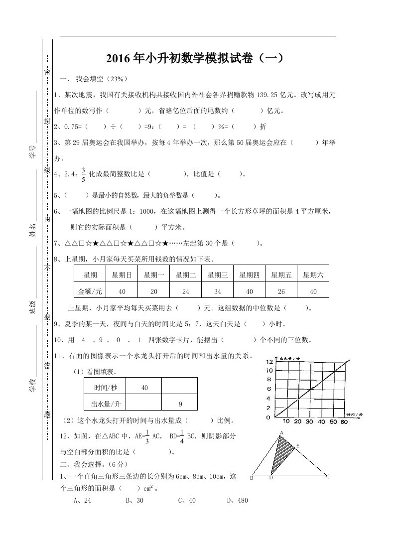 2016苏教版小升初数学模拟试卷及答案