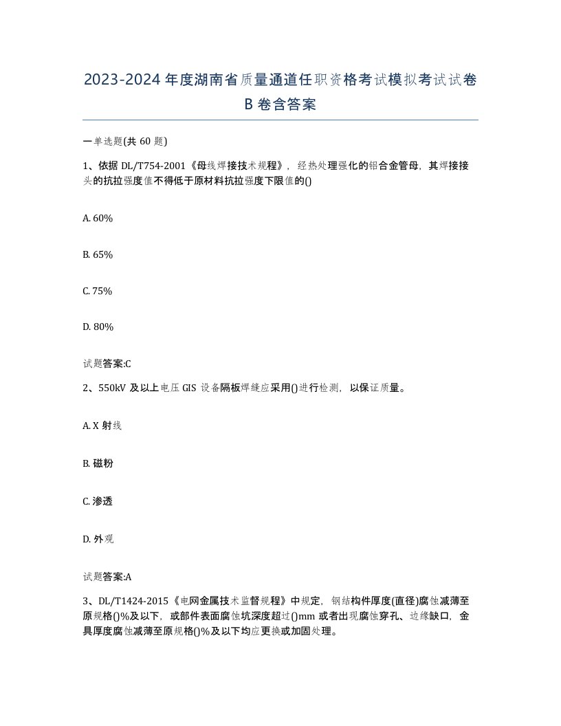 20232024年度湖南省质量通道任职资格考试模拟考试试卷B卷含答案