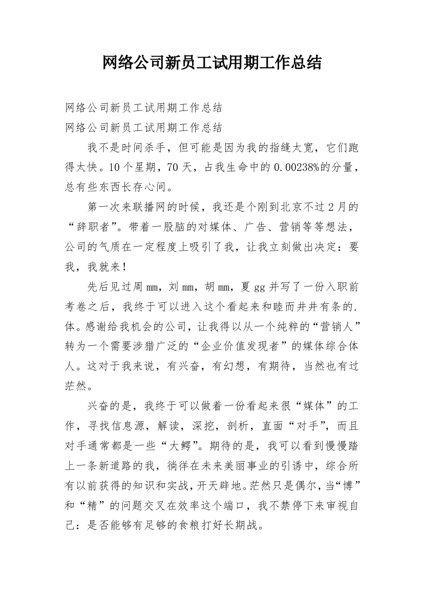 网络公司新员工试用期工作总结