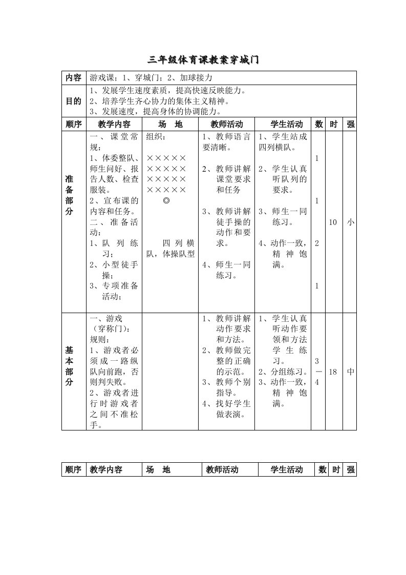 三年级体育课教案穿城门