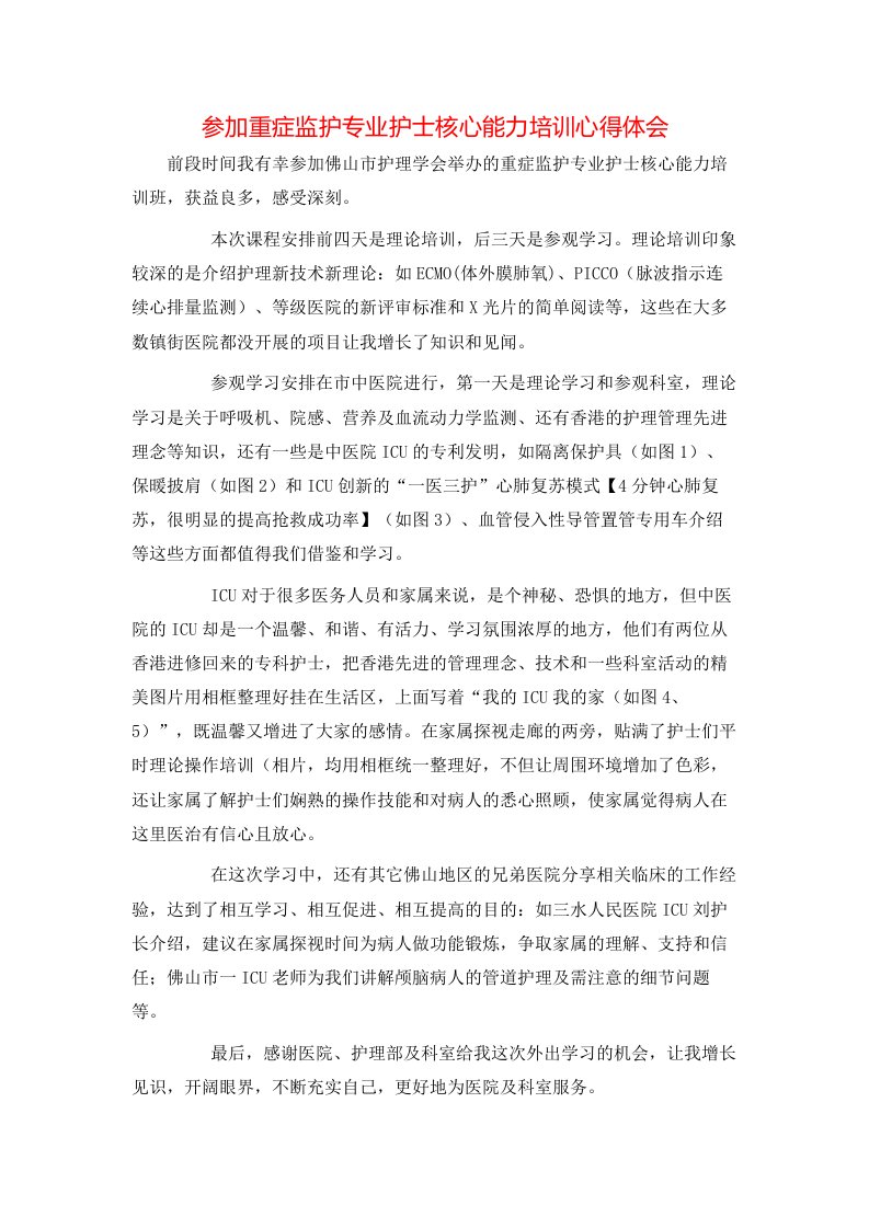 参加重症监护专业护士核心能力培训心得体会