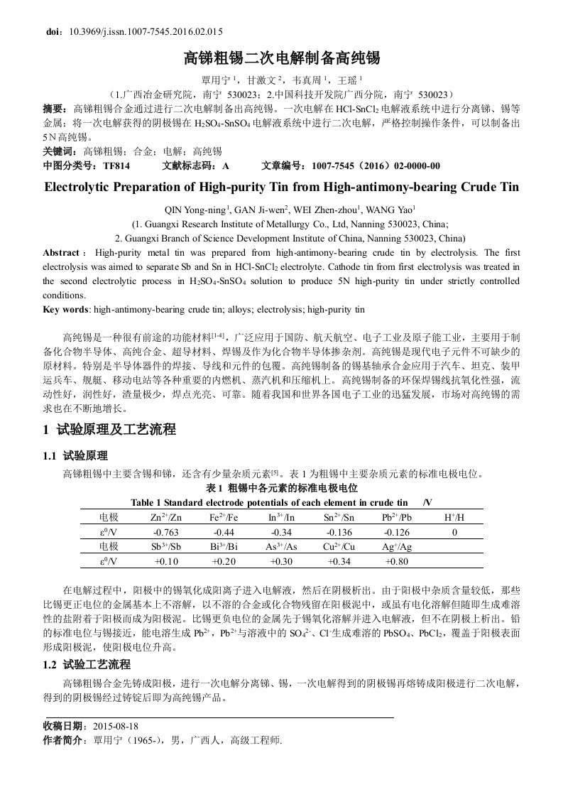 高锑粗锡二次电解制备高纯锡