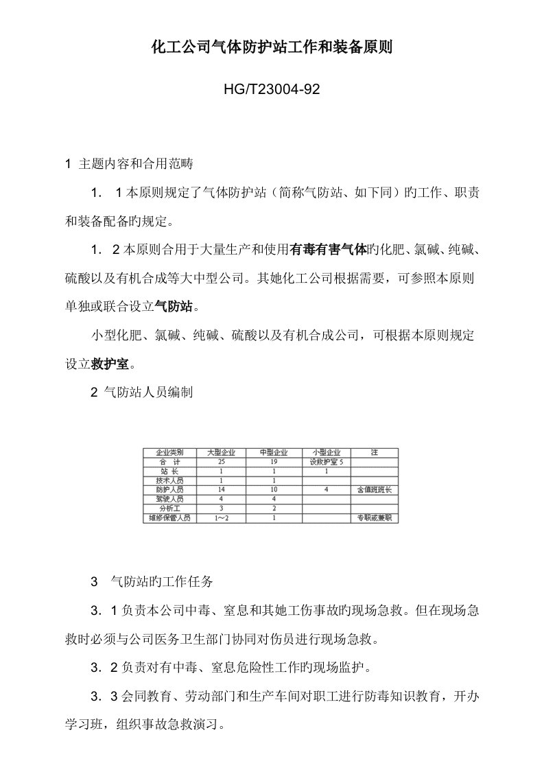 化工企业气体防护站工作和装备重点标准