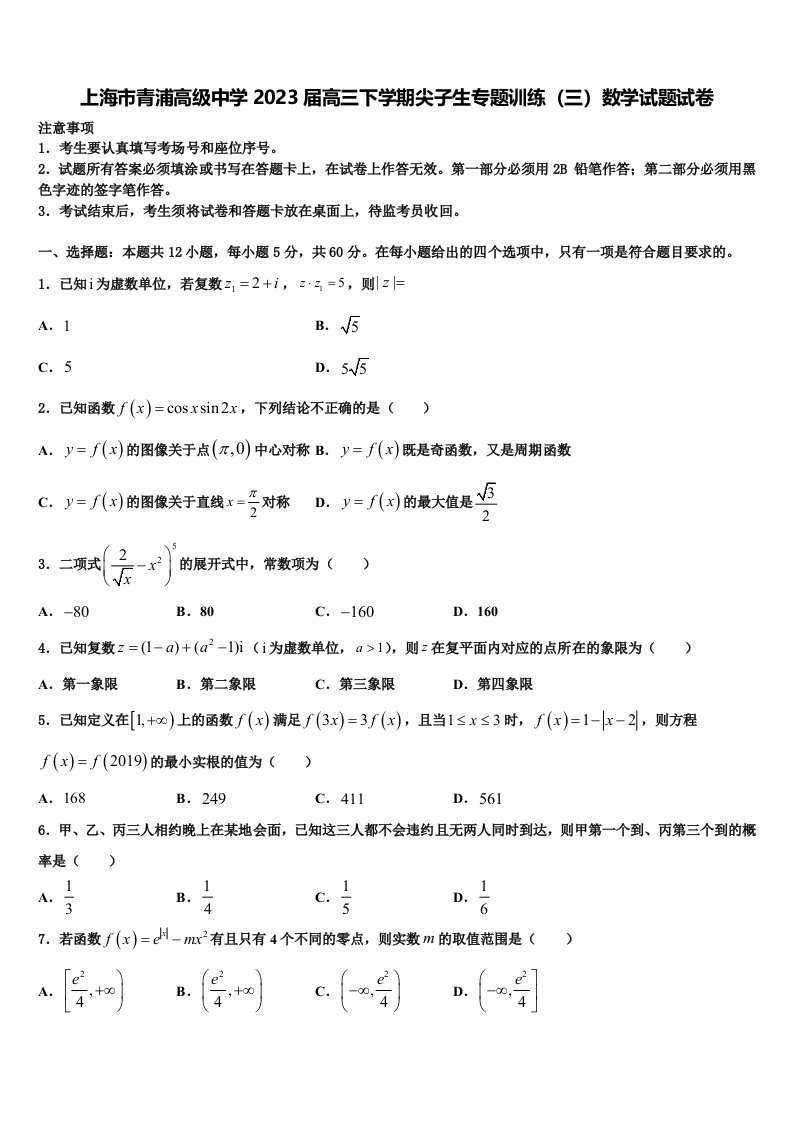 上海市青浦高级中学2023届高三下学期尖子生专题训练（三）数学试题试卷