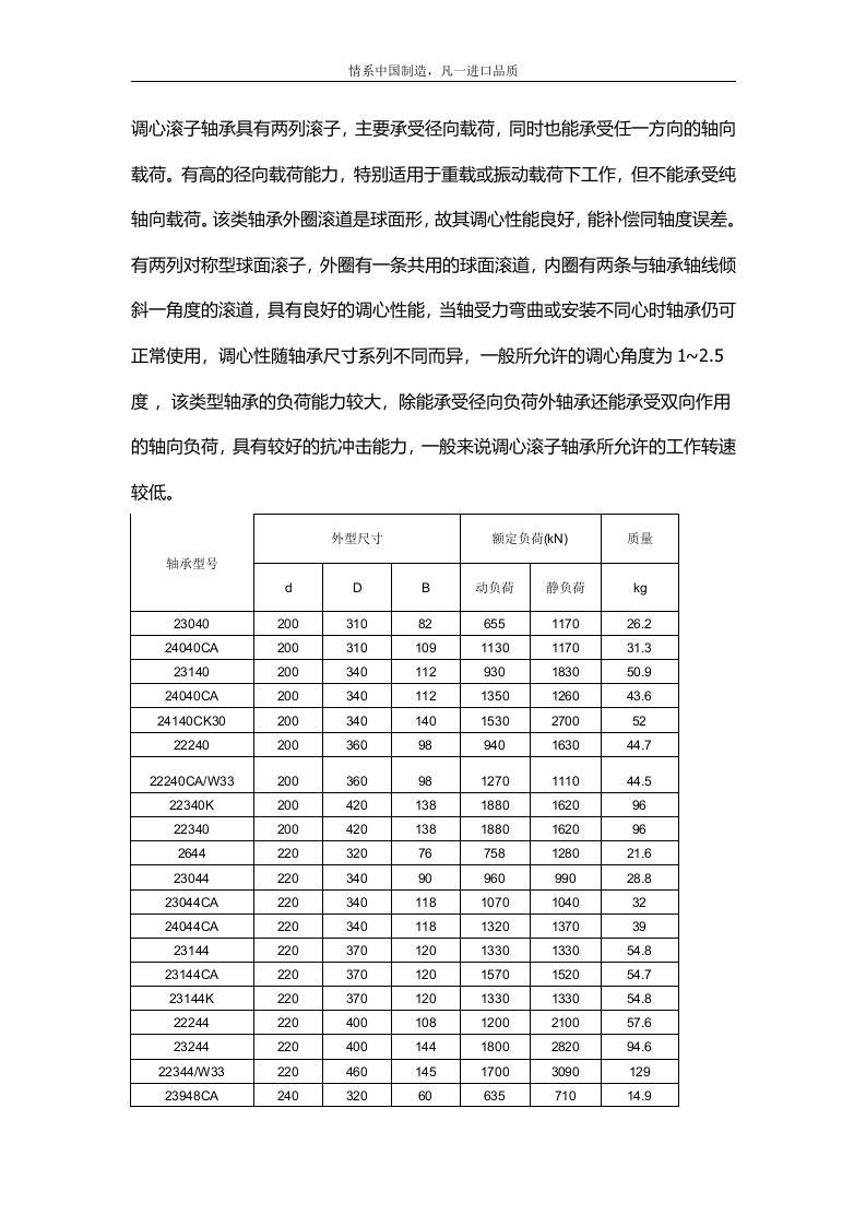 调心滚子轴承型号尺寸规格