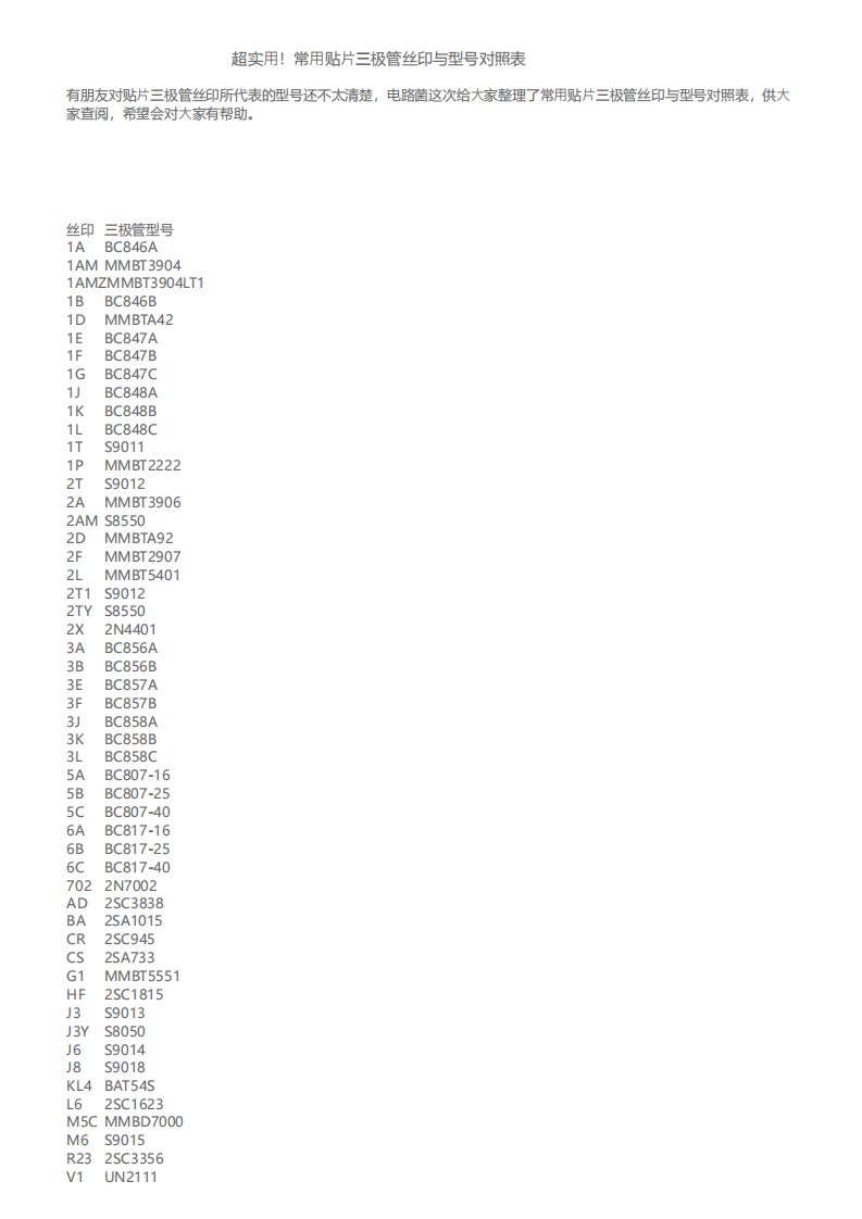常用贴片三极管丝印与型号对照表