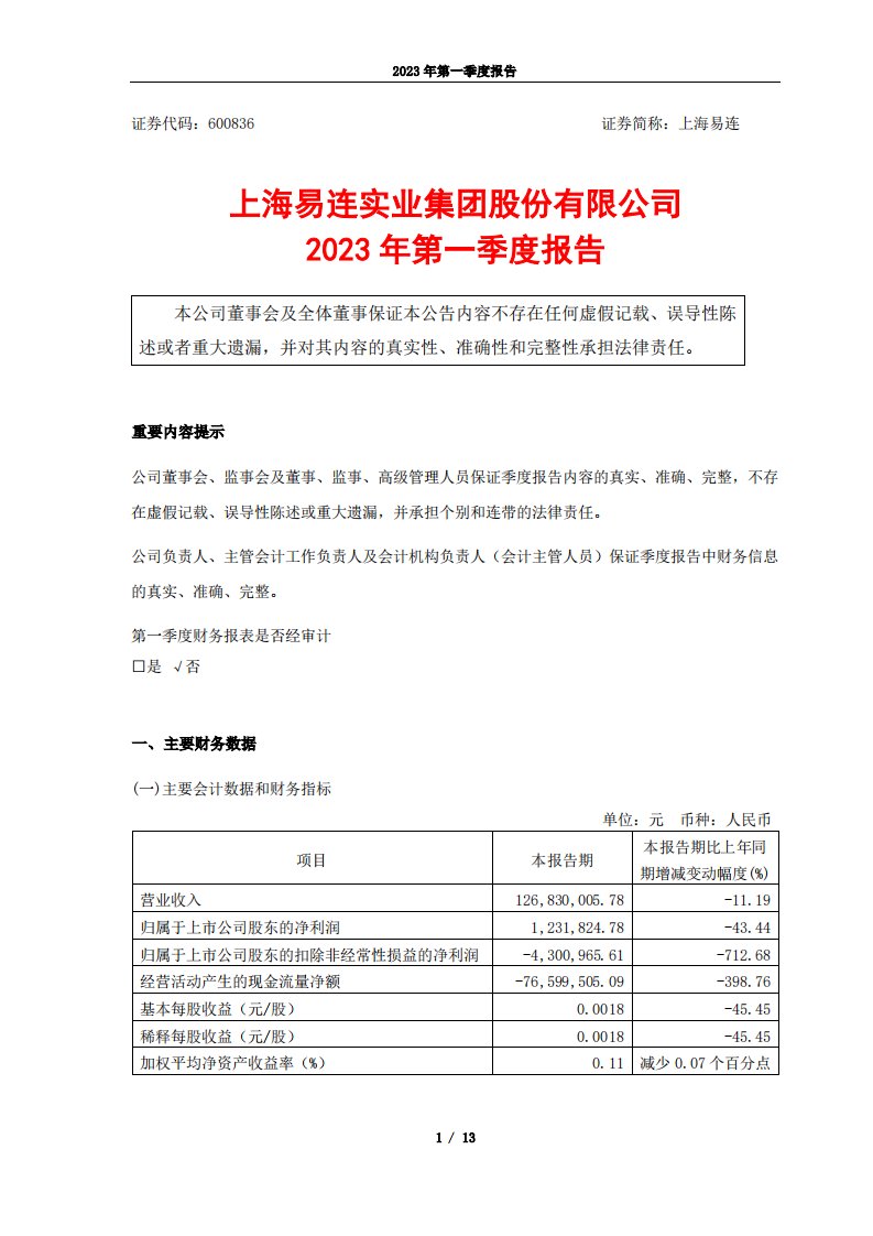 上交所-上海易连2023年第一季度报告-20230428