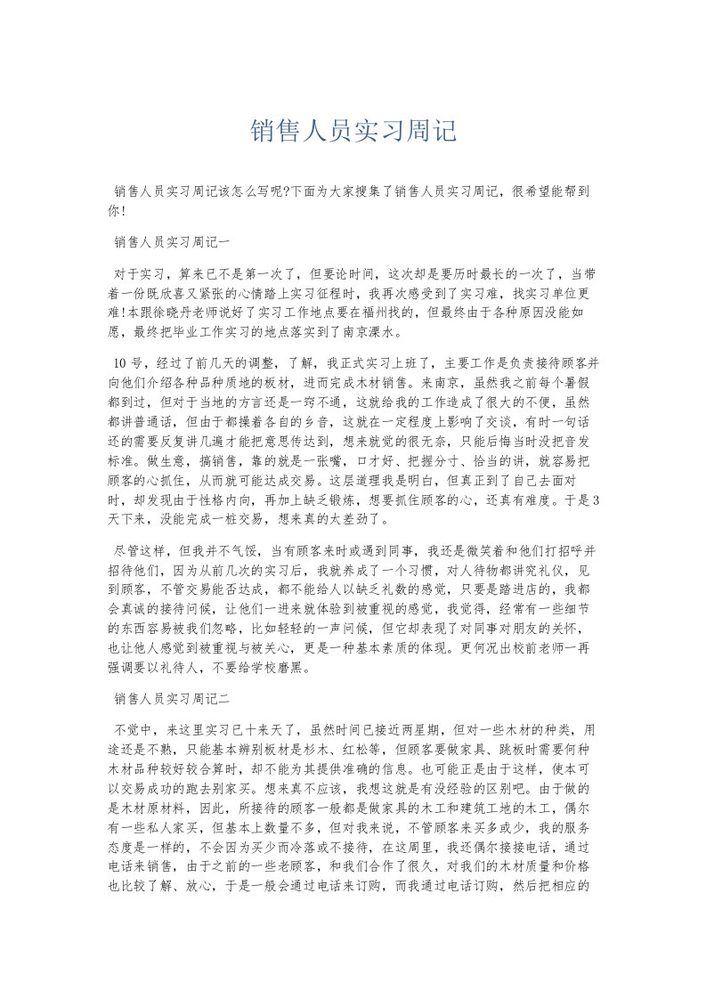 总结报告销售人员实习周记