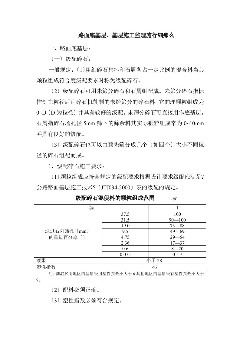 路面底基层、基层施工监理实施细则