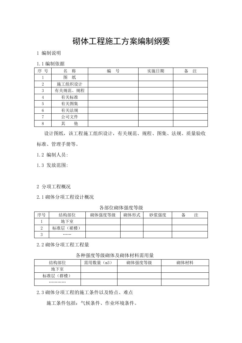 砌体工程施工方案编制纲要及示范