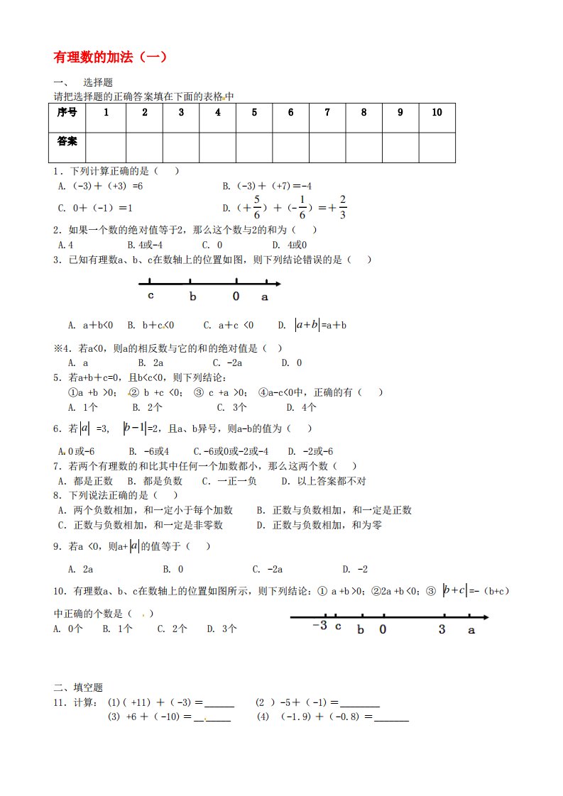 七年级数学上册《第一章-有理数》有理数的加法一练习题人教版名师优质资料