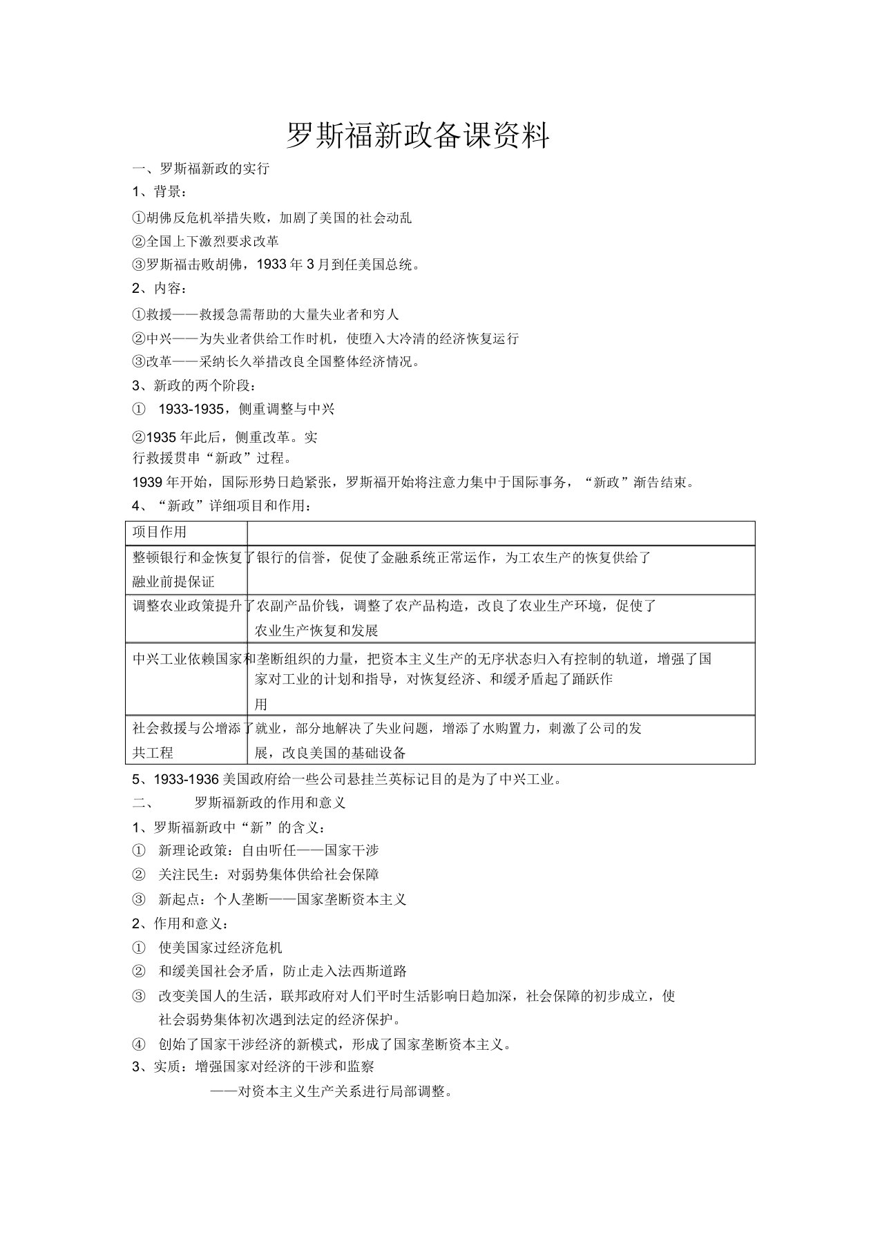 新人教必修2高一历史教案罗斯福新政备课资料1