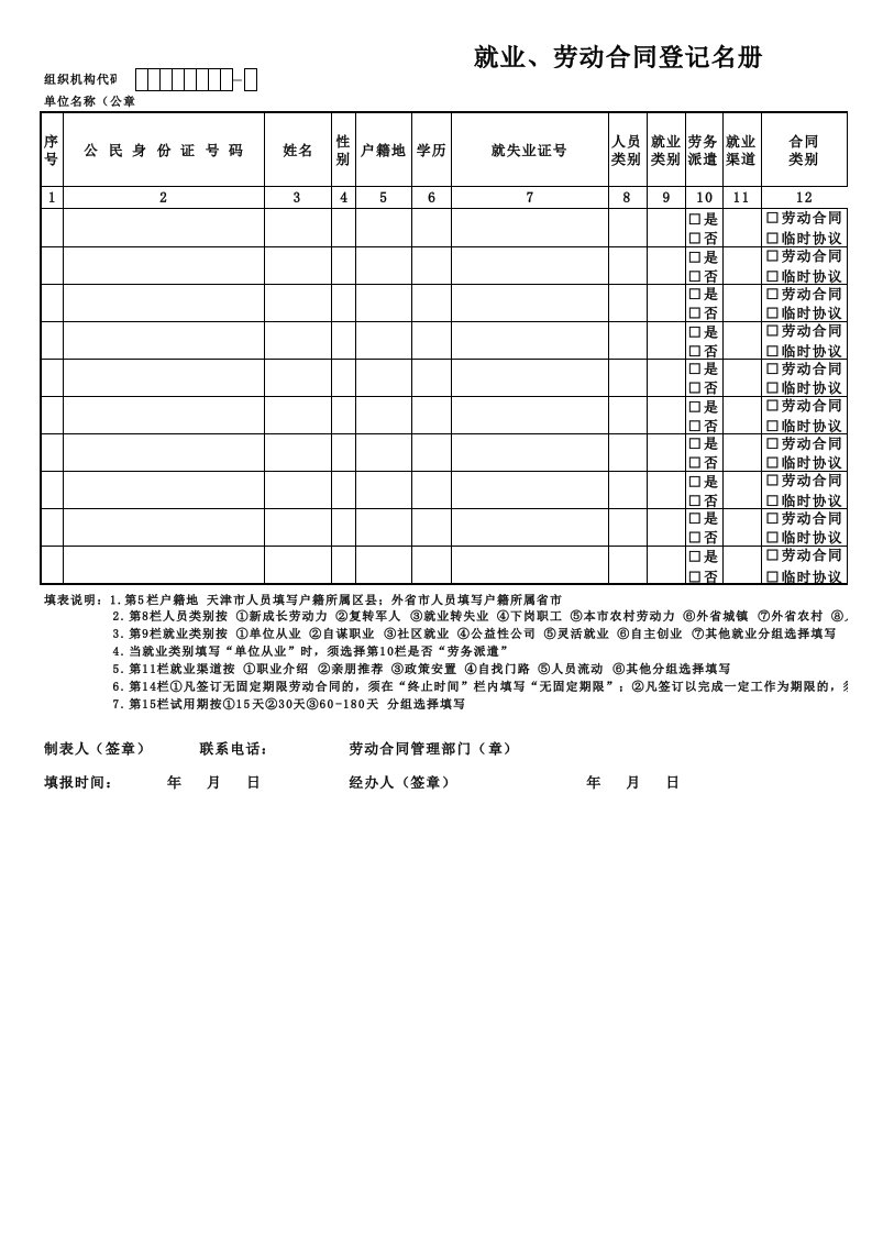 就业、劳动合同登记名册6号表