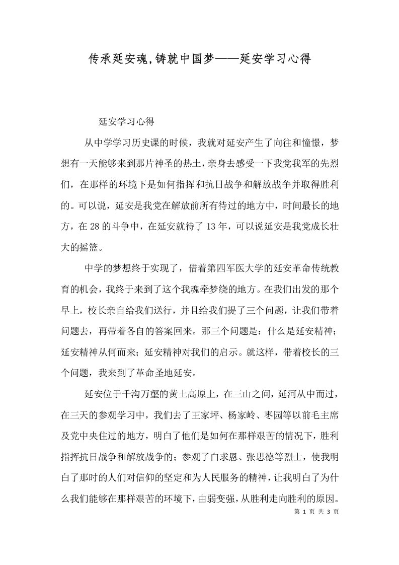 精选传承延安魂铸就中国梦延安学习心得